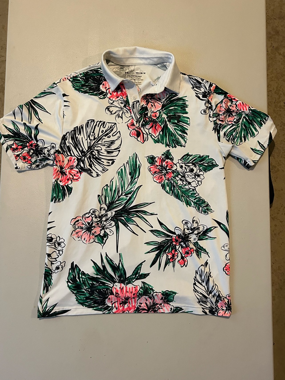 Under Armour White Golf Polo with Green & Pink Tropical Print